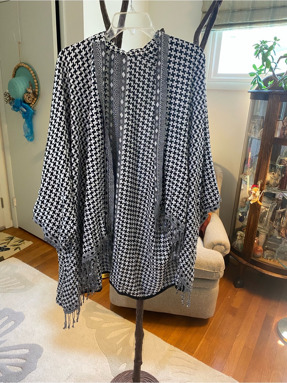 Black Gray & White Houndstooth Fringe Shawl with sleeves  one size